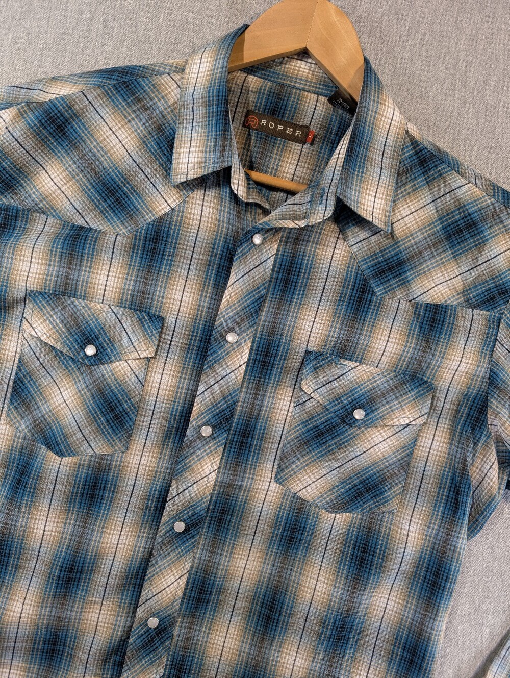 Roper Western Shirt Men's Large Pearl Snap Plaid Green White Long Sleeve